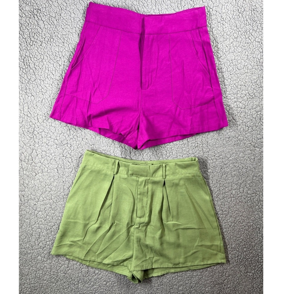 SHEIN Bundle Magenta Pink Olive Green Pleated High Waist Shorts Women's Size M